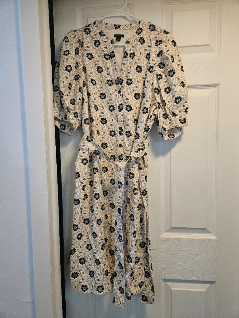 Ann Taylor White Dress With Beige And Black Flowers